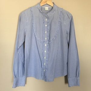 J. Crew Blue & White Button Down Top with Ruffles